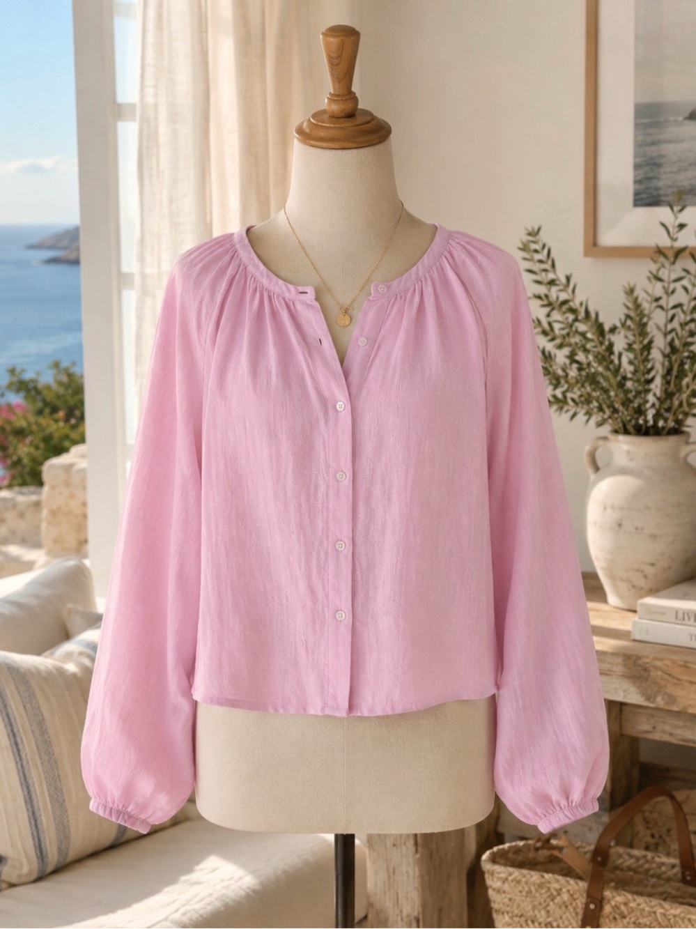 Cynthia Rowley Linen Soft Pink Puff Sleeves Peasant Blouse